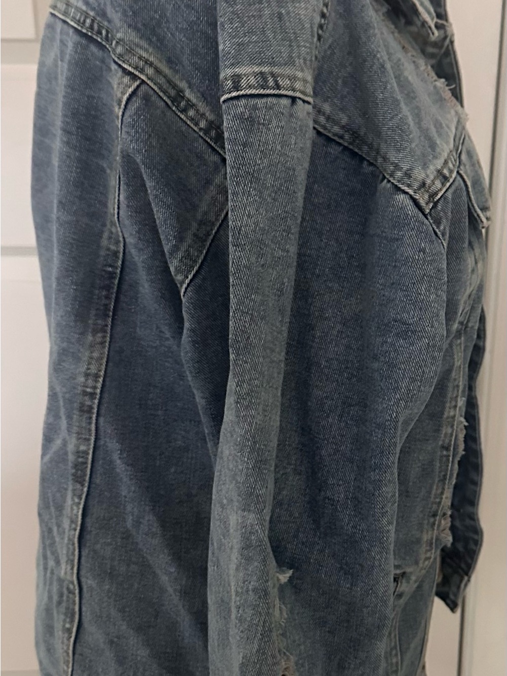 Women's Distressed Light Blue Denim Jean Jacket - Picture 2 of 5